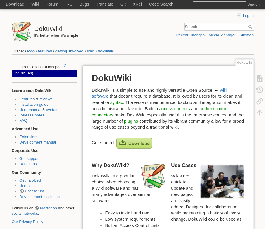 DokuWiki’s official website itself uses DokuWiki, and here’s what it looks like.